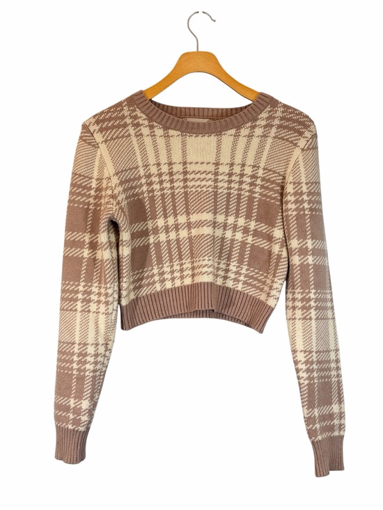 Altar'd State Sweaters - Altar'd State Cropped Cream and Tan Plaid Knit Sweater Size XS Light Academia